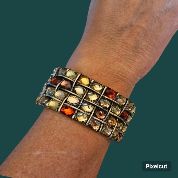 Vintage Rhinestone Window Pane Chunky Hinged Clamper Bangle Bracelet - Picture 1 of 8